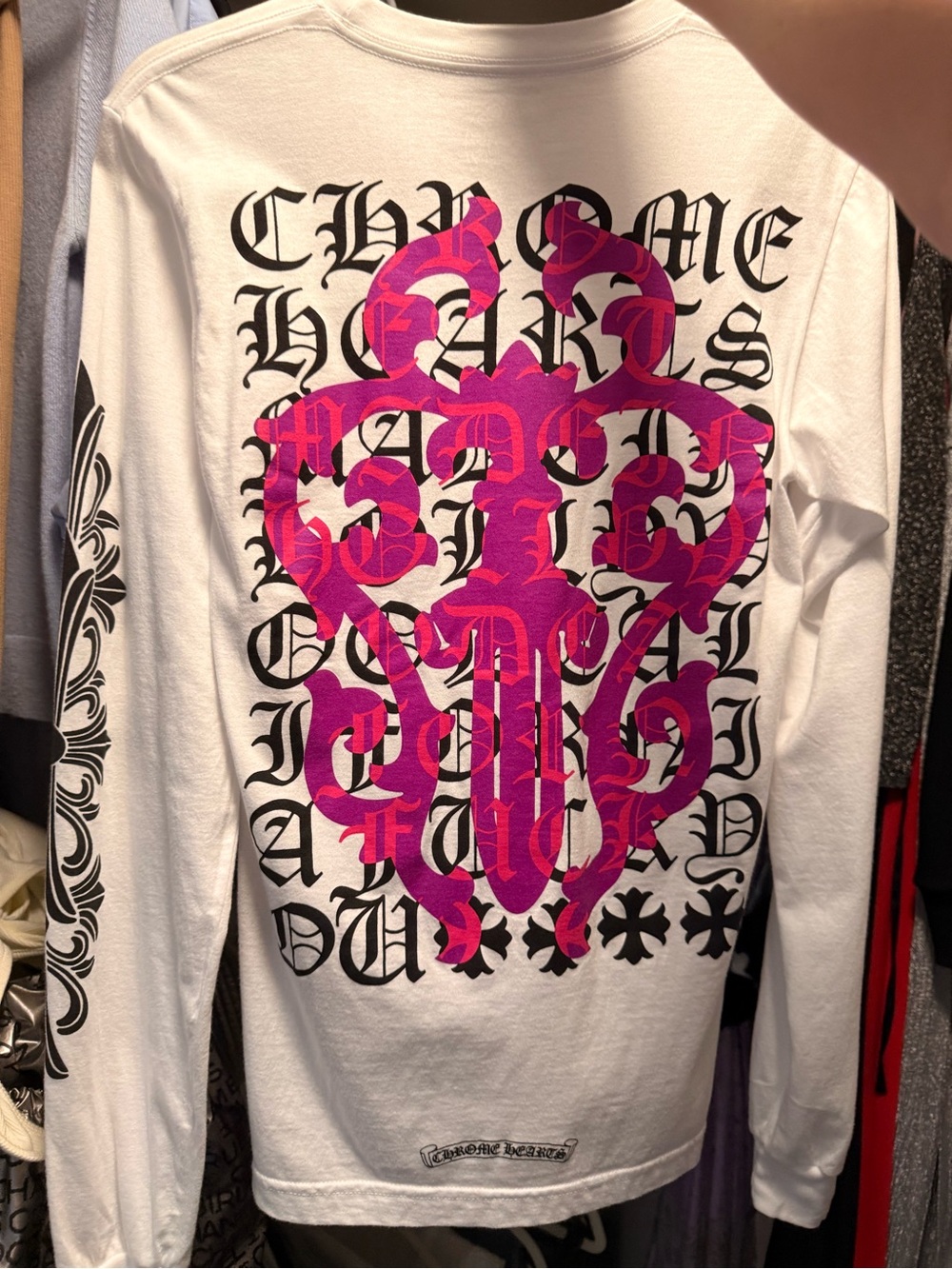 Chrome Hearts White Long Sleeve Tee with Pink Graphic Cross